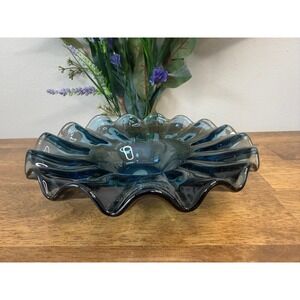 Vintage Romanian Art Glass Ruffled Bowl Smoky Teal Blue Hand Blown Centrepiece